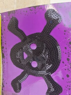 Large Black Sequin Skull & Crossbones Patch on Purple Background 6.5"x4.5"